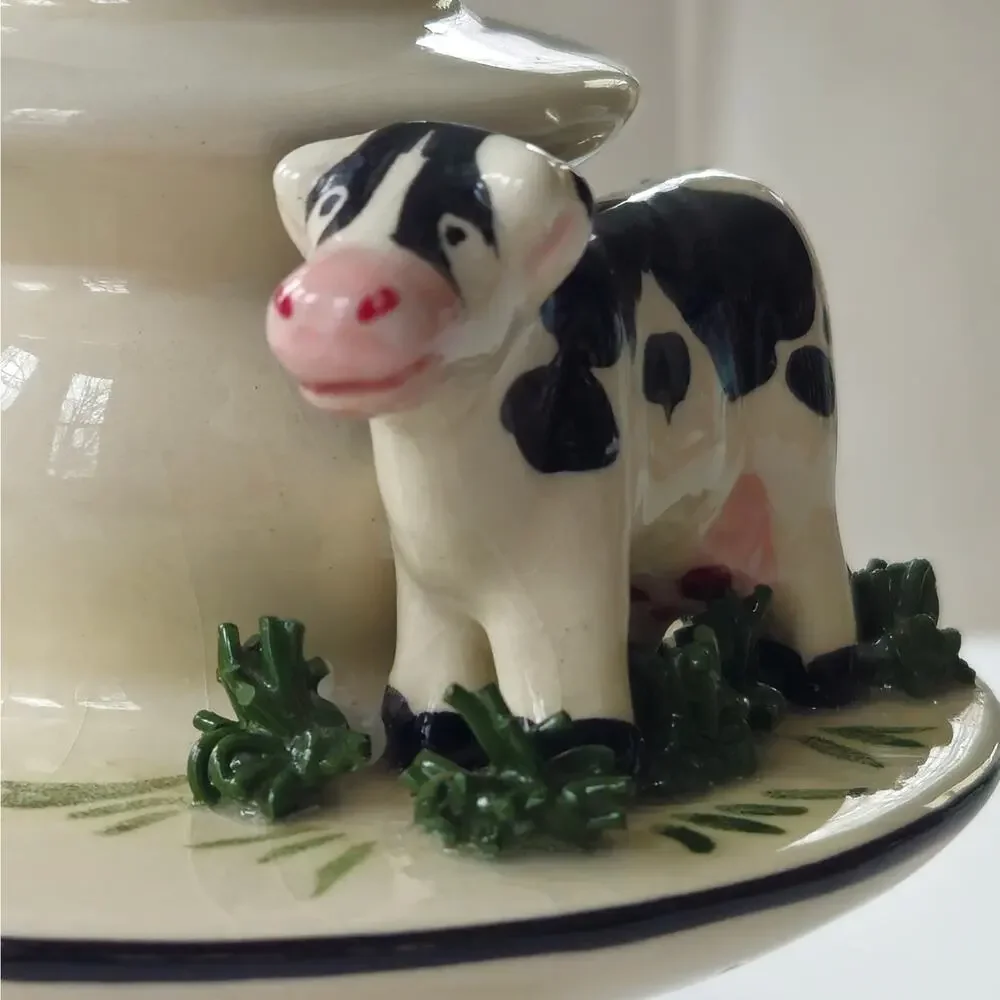 Rare Vintage 1990s L.A. Ceramics Hand-Painted Cow Cottagecore Candle Holder